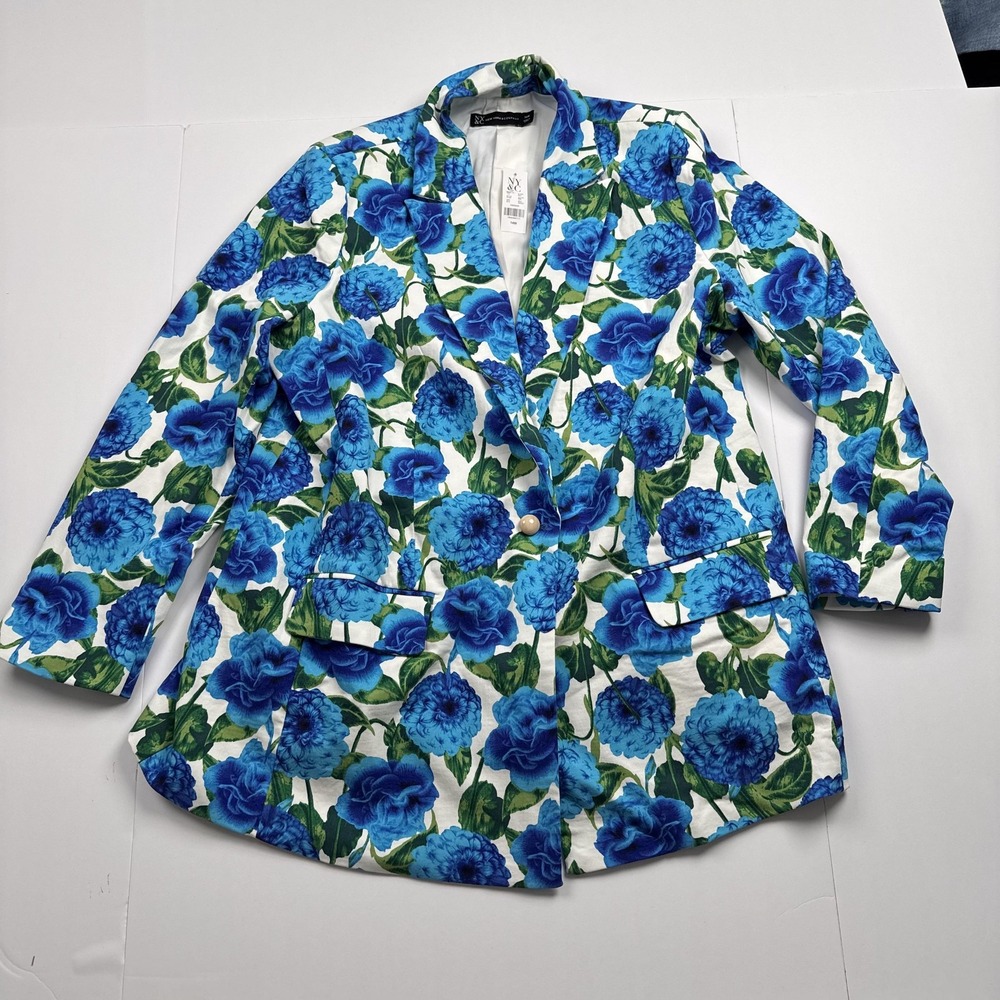 New York & Company Blazer Jacket Womens 14W Blue Floral Single Button 0142